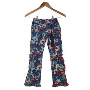 Rockstar Original Finn Tapestry Cargo Pants 5T Blue Floral Fringe Flare NWT